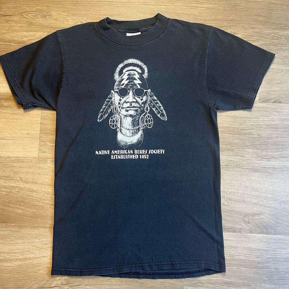 Vtg 90s Native American Blues Society Tee S Roger Sosakete Perkins Tultex Art